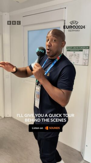 Dion Dublin Instagram - Behind the scenes at the media compound in Berlin! 🎥 Let Dion Dublin show you the stairs going up to the...studios 🤣

#BBCFootball #euro2024