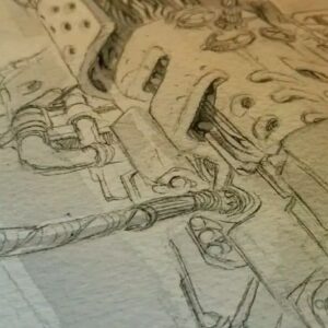 Dustin Nguyen Instagram - very very ways back sketch. 
I had about 5 years of mechanical and architectural design before I started working in comics, so most things I draw are functional and accurate. it's all in the details. jk none of that was true.