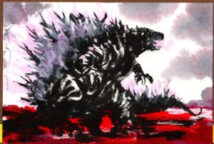 Dustin Nguyen Instagram - taking these new watercolor tubes on a test drive, wish I had gone more pink, rough and dirty sketch of my buddy Godzilla, 6x4 acrylic ink, gesso, and watercolor