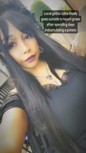 Ebony Bowens Instagram - I spend way too much time indoors playing games in a hoodie but sometimes outside is nice 😇🖤

#eglcommunity #atelierpierrot #blacklolita #jfashion #japanesestreetfashion #ロリータファッション #goth #blackgoth
