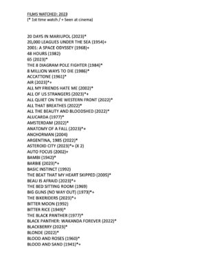 Edgar Wright Instagram - Once again in 2023, I tried to watch the equivalent of a film a day… and I fell a little short at 344! Even if you count the seven films I saw twice, that still only gets me to 351. So, basically, I FAILED.

But here are the films I did see in ’23… (*Denotes a first-time watch   Denotes that I saw it at the cinema)

P.S. Yes, I DO have a Letterboxd account, but, for now, it’s private. I love making lists on there, but haven’t gotten around to logging day by day yet. Maybe next year x

P.P.S. The films I saw twice? ASTEROID CITY (twice at the cinema), BRAZIL (once at the cinema), KILLERS OF THE FLOWER MOON (twice at the cinema), MISSION IMPOSSIBLE: DEAD RECKONING PART 1 (twice at the cinema), OPPENHEIMER (twice in IMAX), SALTBURN (twice at the cinema), and WHAM!

P.P.P.S. The most films I saw in one single day? That would be in Paris, doing a mini-marathon of the city’s beautiful repertory circuit with a five-movie day on Monday the 7th of August with…

THE EXORCIST (1973) 
FACES (1968)
JEZEBEL (1938)
ASTEROID CITY (2023)
DRESSED TO KILL (1980)

I call that a damn good Monday. Love you all x