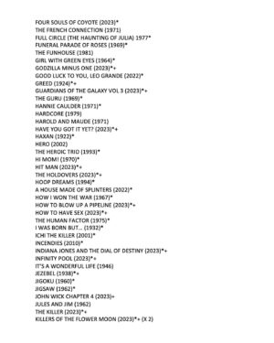 Edgar Wright Instagram - Once again in 2023, I tried to watch the equivalent of a film a day… and I fell a little short at 344! Even if you count the seven films I saw twice, that still only gets me to 351. So, basically, I FAILED.

But here are the films I did see in ’23… (*Denotes a first-time watch   Denotes that I saw it at the cinema)

P.S. Yes, I DO have a Letterboxd account, but, for now, it’s private. I love making lists on there, but haven’t gotten around to logging day by day yet. Maybe next year x

P.P.S. The films I saw twice? ASTEROID CITY (twice at the cinema), BRAZIL (once at the cinema), KILLERS OF THE FLOWER MOON (twice at the cinema), MISSION IMPOSSIBLE: DEAD RECKONING PART 1 (twice at the cinema), OPPENHEIMER (twice in IMAX), SALTBURN (twice at the cinema), and WHAM!

P.P.P.S. The most films I saw in one single day? That would be in Paris, doing a mini-marathon of the city’s beautiful repertory circuit with a five-movie day on Monday the 7th of August with…

THE EXORCIST (1973) 
FACES (1968)
JEZEBEL (1938)
ASTEROID CITY (2023)
DRESSED TO KILL (1980)

I call that a damn good Monday. Love you all x