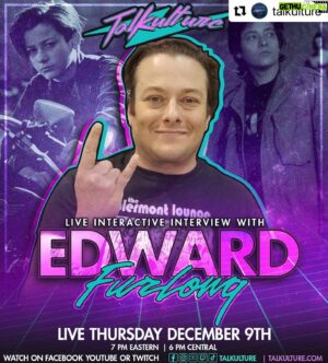 Edward Furlong Instagram - #Repost @talkulture 
・・・
Join us Live for an Interactive Interview with @edwardfurlongofficial with hosts @kidcadet and @menacemade on Thursday, December 9th at 7 pm ET/ 4 pm PT on Facebook, Youtube and Twitch (/Talkulture).

Edward Furlong is an American actor whose best known film roles include John Connor in “Terminator 2: Judgment Day,” Daniel Vinyard in “American History X” and Hawk in “Detroit Rock City.” He is also a two-time Saturn Award nominee.

FOLLOW EDWARD ON SOCIAL MEDIA 
Instagram- https://www.instagram.com/edwardfurlongofficial/
Facebook- https://www.facebook.com/edwardfurlongofficial/

ABOUT TALKULTURE
Talkulture is a weekly episodic live stream experience with your favorite celebrity & pop culture guests.
Each week hear untold stories and become part of the conversation by your engagement!
Follow Talkulture on Social Media
Instagram- https://www.instagram.com/talkulture/
Facebook- https://www.facebook.com/Talkulture/
Twitch- https://www.twitch.tv/talkulture
TikTok- https://www.tiktok.com/talkulture
Youtube- https://www.youtube.com/talkulture
Mark your Calendar and make sure to set your reminder so you won’t miss out!
7pm ET | 6pm CT | 5pm MT | 4pm PT