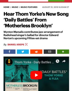 Edward Norton Instagram - A sneak preview of Thom Yorke’s track (featuring @flea333) and the Wynton Marsalis ‘B-Side’ jazz version today only at @rollingstone online.  Link in the bio.  Very excited for people to hear both.  Two geniuses at work.