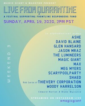 Edward Norton Instagram - Great live music, today 2pm PT on Instagram Live of our awesome host @magicgiant $1 donated to #FrontlineRespondersFund for everyone viewer who signs in. I’ll be introducing my friend @davidblaine for a mind-bender of a magic interlude. Join us, hear some Sunday tunes and support our brave medical teams on the front lines.  The Fund is underwriting the cargo flights that massively accelerate the delivery of million of units of PPE’s.  Easy way to come together virtually around some great tunes and do some good at the same time.