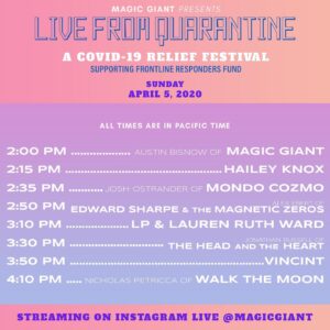 Edward Norton Instagram - This wonderful group of musicians has organized a virtual festival this afternoon (Sunday) to benefit our #FrontlineRespondersFund to help accelerate the delivery of critical protective gear to heroic hospital teams. I’ll say hi & give update at the top of the show. 2pm PST  Huge thanks to @austy & @magicgiant for organizing some Sunday music with a purpose