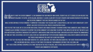 Elissa Slotkin Instagram - Today my heart is with the Oxford community, and I ask that you pause and think about Madisyn, Tate, Justin, and Hana. They were sons and daughters, they were friends and neighbors, they had dreams and goals, and all of that ended too soon.