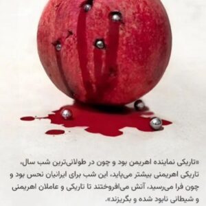 Elizabeth Amini Instagram - یادت باشه یلدا اگر برای تو بلندترین شبِ سالست و سرخوش و مست در حال جشن گرفتنی ، برای دوستان و خانوادهٔ #یلداآقافضلی  ها شبِ بی پایان و ناتمامست سرشار از سیاهیها و تاریکیها که عزیزانشان به امید روشنائیِ فردا جان عزیز دادند و تو امروز فراموششان کرده و سفرهٔ یلدا میچینی و تخمه میشکنی ! وای برتو  وای بر ما وای برتو حامیِ رژیم کودک کش وای برتو بیشرفِ بیغیرتِ فراموشکار!
.
😡😡😡😡😡
#بیزارم_ازدین_شمانفرین_به_آیین_شما 
#اسلام_مساوی_با_دروغ_و_جنایت 
#نوجوان_شهیدراه_وطن #کیان_پیرفلک 
#ابوالفضل_آدینه_زاده 
#انقلاب_مهسا_ادامه_دارد✌️✌️✌️
#ننگ_برقشرخاکستری 
#نه_به_جمهوری_اسلامی👎 
#مرگ_باعزت_بهتر_از_زندگی_باذلت_است 
#تاابدجاوید_خاندان_ایرانسازپهلوی 
#ننگ_برقشرخاموش_ایران
#توماج_صالحی_راآزادمیکنیم 
#فقروفسادواعتیادسوغات_جمهوری_اسلامی
#لعنت_بر_جمهوری_فاشیستی_اسلامی_و_طرفداران_مزدورش 
#شرم_برقشرخاکستری 
#مرگ_برشورشیان_۵۷ 
#مرگ_برجمهوری_اشغالگرتروریستی_ننگین_اسلامی 
#مرگ_بر_اصل_ولايت_فقيه 
#زن_زندگی_آزادی 
#انقلاب_مهسا
#الیزابت_امینی 
‏#woman_life_freedom 
‏#mahsaamini 
‏#we_hate_islamic_regime 
‏#down_with_khamenei 
‏#elizabethamini
‏#iranianrevolution