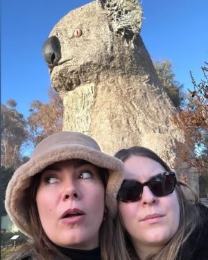 Ella Hooper Instagram - We think the giant koala might be an acid casualty. That intense but unfocused stare.. the fact birds are nesting in his ears. And just out of shot, across the road, just under the vacant jetstream of his gaze, is a free range turkey ranch. No shit. Those things are HUGE! 🦃 🐨 Thanks for a great night Horsham. Second last show with my love, my witchy sis, @melodyjanepool #regionaltour #giantkoala #hesseensomethingsman