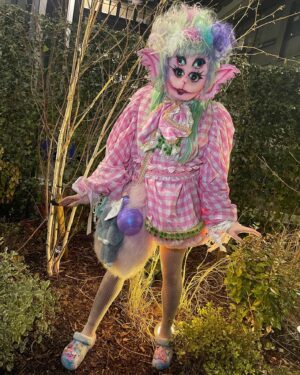 Ellie Diamond Instagram - 🕸️🧚🏻🍄IM BACK FROM THE DEAD🍄🧚🏻🕸️
-
🎶Blue stars runnin on my forehead, cold wings flutterin and moving🎶 So happy to be posting my Portals inspired by the icon @littlebodybigheart ! The album and new aesthetic is a dream! 
-
This look was very fun to make! What you see was all hand sewn, take a swipe thru for the process! I started with a nude hood and added padded “bones” to fill the face then used a fabric to cover it like skin, I then blushed and added dimension with acrylic paint and eye shadows! Eye eye were plastic so I could see thru but only just! I dyed thee hair that was originally blonde. Also the mouth moves like a big puppet which I find haunting ahha! 
-
Thanks for the love on the look and plz tag Melanie! 🍄🧚🏻🥚💋xx