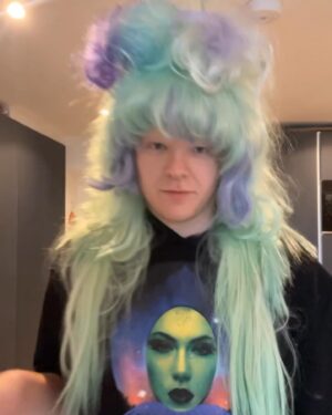 Ellie Diamond Instagram - 🕸️🧚🏻🍄IM BACK FROM THE DEAD🍄🧚🏻🕸️
-
🎶Blue stars runnin on my forehead, cold wings flutterin and moving🎶 So happy to be posting my Portals inspired by the icon @littlebodybigheart ! The album and new aesthetic is a dream! 
-
This look was very fun to make! What you see was all hand sewn, take a swipe thru for the process! I started with a nude hood and added padded “bones” to fill the face then used a fabric to cover it like skin, I then blushed and added dimension with acrylic paint and eye shadows! Eye eye were plastic so I could see thru but only just! I dyed thee hair that was originally blonde. Also the mouth moves like a big puppet which I find haunting ahha! 
-
Thanks for the love on the look and plz tag Melanie! 🍄🧚🏻🥚💋xx