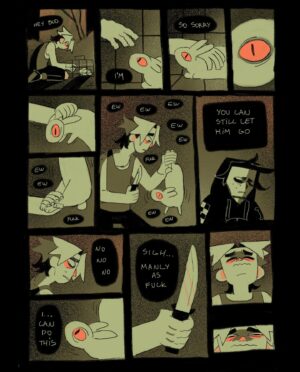 Ema Mlynarčíková Instagram - 🥩🦴GUTS part 2
A comic about scary things. 
CW: gore, toxic masculinity?, bad puns

Lineart done within the 24hour comic challenge. Thats why it gets sloppy towards the end haha. 

If you’d like to support me, i uploaded a comfier pdf to my gumroad for a great price of 1€! (link in bio)
Enjoy #comic #comics #spooky #halloween #guts #gore #sliceoflife #procreate