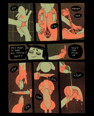 Ema Mlynarčíková Instagram - 🥩🦴GUTS part 2
A comic about scary things. 
CW: gore, toxic masculinity?, bad puns

Lineart done within the 24hour comic challenge. Thats why it gets sloppy towards the end haha. 

If you’d like to support me, i uploaded a comfier pdf to my gumroad for a great price of 1€! (link in bio)
Enjoy #comic #comics #spooky #halloween #guts #gore #sliceoflife #procreate