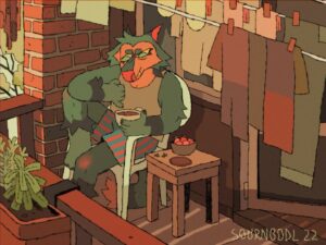 Ema Mlynarčíková Instagram - fishing out flies out of coffee - balconies aren't so great for enjoying drinks ☀️🪰 
@sakrafka 

#furryart #2danimation #summer