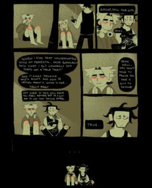 Ema Mlynarčíková Instagram - 🥩🦴GUTS part 1
A comic about scary things. 
CW: gore, toxic masculinity?, bad puns

Lineart done within the 24hour comic challenge. Thats why it gets sloppy towards the end haha. 

If you’d like to support me, i uploaded a comfier pdf to my gumroad for a great price of 1€! (link in bio)
Enjoy

#comic #comics #spooky #halloween #gore #twobroschillinginaforest #procreate