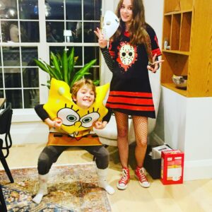 Emily Andras Instagram - SpongeBob and Lady Jason took to the rainy Toronto streets for the most unlikely #Halloween pairing since peanut butter and potato chips! Extremely grateful every day for these utter goobers. 🎃