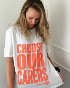 Emily Berrington Instagram - 100% of the proceeds of these @chooselove x @katharinehamnett T-shirts goes toward supporting those  who support others. Available from @asos or follow the link in the @chooselove bio. #chooseourcarers #chooseournhs @thecareworkerscharity @nhscharitiestogether.
