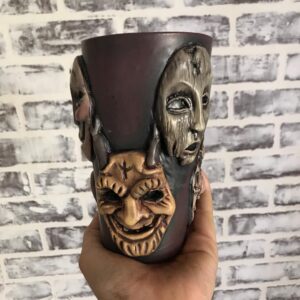 Emily Serpico Instagram - Finished Krampus mug! It has real gold overglaze, and is the only one ❄️ DM if interested #ceramics #overglaze #krampus