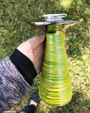 Emily Serpico Instagram - 👽Even though it’s not done, I have to post how gorgeous this finish is, photos don’t do it justice. When all parts are done, it’ll be a retro sci-fi ufo ceramic mug! #alien #ufo #retro #midcenturymodern #ceramics #clay #mug #chrome #holographic