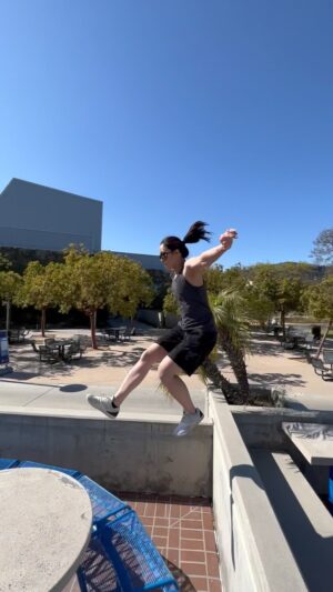 Emily Tung Instagram - I use to think strides look boring on camera. But sometimes that’s all I want to do. Also the spot definitely helps! First time at Santa Monica college 😃 what a dope spot for jumps!!
.
.
.
.
#parkour #parkourgirl #parkourlife #parkourfreerun #parkourfreerunning  #strides #plyos #stuntwoman #stuntperformer #stuntlife #stuntpoc #freerunninglife #ninjagirl #LAPK #losangelesparkour #parkourwomen #parkourtraining #parkourlove #parkourgym