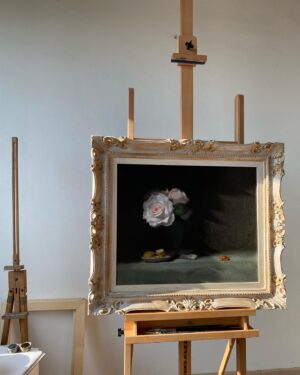 Emma Kathleen Hepburn Ferrer Instagram - ‘After the Party is Over (Still Life with Roses and Biscuits)’, 2014
Oil on Linen
44x55 cm
Framed
.
This piece is a study of the melancholy and solitude of celebration, executed as a Vanitas-reminiscent still life evoking the somberness or loneliness one feels when a party is over, particularly a party in the aftermath of which one is forced to reckon with projected social identities and constructions. The piece looks at themes such as decadence, consumption, and perishability. 
Now available through @saparcontemporary and purchasable through @artsy at link in bio!
#vanitas #stilllife #stilllifepainting #perishability #festivities #indulgence #loneliness #solitude #oilonlinen #oilpainter #oilpainting #painter #oilpaint #painting #paint