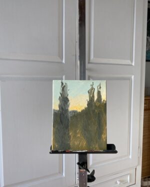 Emma Kathleen Hepburn Ferrer Instagram - Lil’ painting of some cypress trees in my father’s backyard. 
Cypress Trees
Oil on canvas board 
15 x 20 cm
@saparcontemporary 
#oilpainting #tuscany #painting #landscape #pleinair #oilpaint #painter #cypresstrees