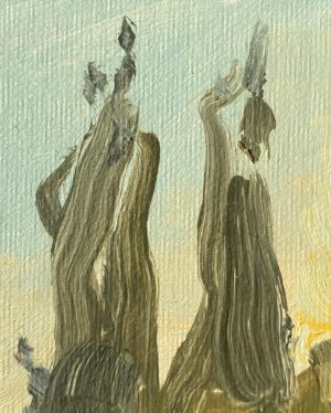 Emma Kathleen Hepburn Ferrer Instagram - Lil’ painting of some cypress trees in my father’s backyard. 
Cypress Trees
Oil on canvas board 
15 x 20 cm
@saparcontemporary 
#oilpainting #tuscany #painting #landscape #pleinair #oilpaint #painter #cypresstrees