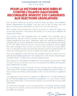 Éric Zemmour Instagram - Pour la victoire de nos idées et contre l’islamo-gauchisme, Reconquête investit 330 candidats aux élections législatives.

Lisez mon communiqué de presse. ⬆️