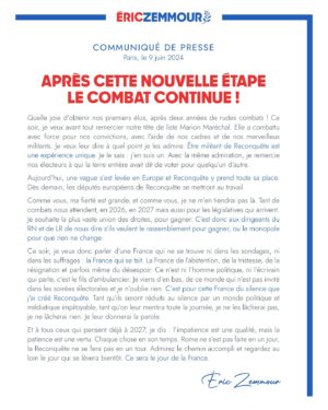 Éric Zemmour Instagram - Après cette nouvelle étape le combat continue !

Lisez mon communiqué de presse sur les résultats des élections européennes. ⬆️