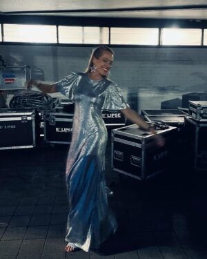 Erika Heynatz Instagram - Playing the part of Silver Bell for this weeks @beachescouncil Christmas Choral Concert in @luxedevalentina Fluted Como Maxi Dress | Silver Moonlight Shimmer