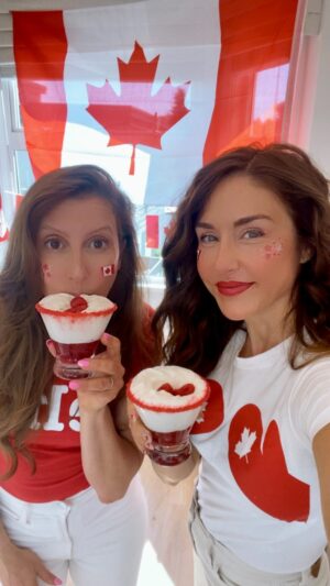 Erin Karpluk Instagram - 🇨🇦💃🏼🍸Canada Day Canucktail🍸💃🏻 🇨🇦 

INGREDIENTS(serves 3): 

1 cup (250 mL) frozen raspberries
¼ cup (60 mL) pure maple syrup
1 cup (250 mL) almond milk
1 cup (250 mL) frozen yogurt (we froze Greek yogurt)
4-6 fresh raspberries
⅓ cup (80 mL) chunky red sugar
½ cup (150 mL) whipped cream (approx.)

DIRECTIONS:

🇨🇦Step 1

Add the frozen raspberries and ¼ cup (60 mL) maple syrup to blender. Blend on high until pureed; about 5 minutes. Transfer to a small container with a spout and set aside. If not using immediately, refrigerate.

🇨🇦Step 2

Rinse the blender, drain. Add the frozen yogurt and almond milk. Blend on high until smooth; about 1–2 minutes.

🇨🇦Step 3

Pour the chunky red sugar onto a small plate.

🇨🇦Step 4

Dampen the rims of 3 medium cocktail glasses with water, then dip into the sugar. Set aside to adhere and dry, either on the counter or in the fridge.

🇨🇦Step 5

Divide evenly between your 3 decorated glasses. Start by carefully spooning in the raspberry puree. Do all glasses, then move on to the milky topping. Gently, slowly, pour into the glasses over the back of a spoon held inside the glass. This step helps keep the red and white layers distinctive. If you pour directly, they may mix and/or blend a bit.

🇨🇦Step 6

Leave a bit of room at the top for whipped cream. Spoon or squirt on the whipped cream; on top of the whipped cream, carefully set two raspberries. Serve immediately with a straw or long soda spoon.

Enjoy and Happy Canada Day 🇨🇦🥳🇨🇦🥳

#mocktails #soberliving #soberaf #canadaday #roadpop #roadtrip #celebrate