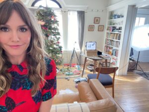 Erinn Hayes Instagram - Super fancy press set up next the tree and the pile of mail I just brought in.  Ipad on the old family bible and a tripod threatening the lives of the Plasticville residents below. Which is all a roundabout way of saying, if you haven’t already, please watch #achristmasstorychristmas now on @hbomax