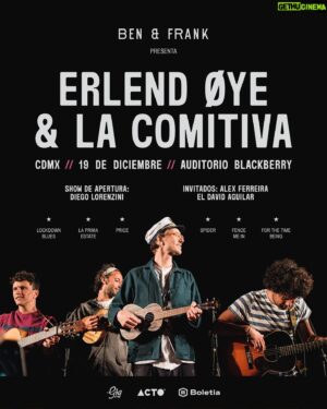 Erlend Øye Instagram - El noruego Erlend Øye (Kings of Convenience, The Whitest Boy Alive) nos visita desde Italia junto a La Comitiva para presentar su último lanzamiento e interpretar sus éxitos. 

Para abrir la noche nos acompaña @undiegolorenzini además de grandes invitados como @alex_ferreira y @eldavidaguilar para hacer una velada inolvidable.

Entradas disponibles a partir del 11 de julio 11:00 am
a través de @boletia 

Ben & Frank te invita.