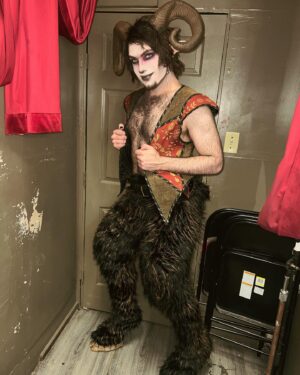 Evah Destruction Instagram - Mr. Tumnus? No could never be me, he’s still in the closet ;)

A look I threw together to head judge The Grackle Games at @oilcansatx last night for the Mythology challenge the contestants had to do 🖤 Been dying to put this look together for a long time!

Faun legs sewn by me! 🖤
Vest from @moresca.inc 🖤