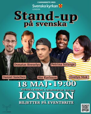 Evelyn Mok Instagram - STAND-UP PÅ SVENSKA 18 MAJ 🇸🇪🎤

I samarbete med Svenska Kyrkan London har fem av Sveriges främsta komiker tagit sig över strömmen för att underhålla alla svenskar i London på svenska i London!

På scen ser ni:

Petrina Solange @petrinasolange , ”slaktaren från Degerberga” är en av Sveriges främsta komiker, korad till Årets Kvinnliga Komiker flera gånger om, har hon en egen stand-upspecial på SVT ”Nu är jag här” och syns även regelbundet i alla svenska humorprogram.

Ato Karlsson @atokarlsson ,publiksnackskungen med över 120k följare online och flertalet virala klipp är en direkt publikfavorit var han än kliver på scen.

Evelyn Mok @evelynmok ,den fd London-svensken som gjort sig en karriär i Storbritannien efter ett decennium i landet har synts i program som Mock the Week (BBC), Hypothetical (DAVE) och även hörts i James Acasters podd Springleaf.

Daniel Sanchez @danielsanchez66 , skämtkungen från Rinkeby som även är satiriker av rang med det egna humorinslaget ”Veckans D.S.” För tidskriften Dagens Nyheter manusförfattare han även för SVTs ”Svenska Nyheter”.

Donatas Kveselys @donataskveselys ,balten från Göteborg som fått Sverige att skratta i flera år, gör äntligen sin London-debut!

Biljetter hittar ni i länken på vår profil! 🎟️

Ni vill inte missa denna fantastiskt roliga kväll i humorns anda! 😂🤣 #svenskstandup #londonswedes #swedishstandup