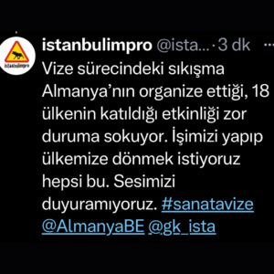 Evren Duyal Instagram - Tiyatromuzun 3 üyesi Münih’teki Doğaçlama Olimpiyatları’nda ülkeyi temsil etmek için çağrıldı ancak 1 üyemiz vize aldı, 2 üyemiz hala randevu alamadı. Sesimizi duyuramıyoruz. 24 Nisan yolculuk günü. 

İmproem’in düzenlediği Alman Hükümeti, Münih Belediyesi ve Uefa’nın sponsor olduğu festival’in linki; improem.com
Biletler satışta, biz vize bekliyoruz. Sesimizi duyuramıyoruz. 

Vize sürecindeki sıkışma Almanya’nın organize ettiği, 18 ülkenin katıldığı etkinliği zor duruma sokuyor. İşimizi yapıp ülkemize dönmek istiyoruz hepsi bu. Sesimizi duyuramıyoruz. #sanatavize 
#istanbulimpro
@gk.istanbul @almanyabe @tckulturturizm
@muenchen