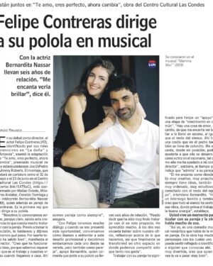 Felipe Contreras Instagram - LUN nos hizo una bonita nota 😊🌟 y nos sacó estas bellas fotos por que estamos trabajando juntos y junto a un gran equipo, preparando el musical “Te amo eres perfecto, ahora cambia” 🎵🎶 @teamo.ahoracambia 🎭
Lo puedes ver desde el 31 de Mayo en el teatro de @culturallascondes 
No se pierdan esta comedia musical y vengan a pasar un buen momento con nosotros, l@s esperamos! 
.
.
Entradas en @culturallascondes 👈💫
@teamo.ahoracambia 
@laguitarraproducciones 
.
.
Gracias @lungram por la nota 😉✌️💫