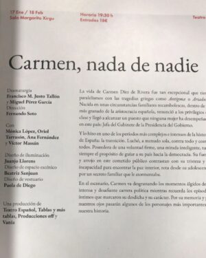 Fernando Soto Instagram - ...vuelvo a dirigir en un teatro público,con mucha ilusión,sobre todo por el esfuerzo de haber levantado junto a Esther Bravo, Miguel perez García y Francisco M.justo un proyecto que veníamos muchos meses atrás ideando. Lo hermoso del teatro es hacer familia para el viaje que es poner en pie un espectáculo y aquí hay un equipo de aúpa. Gracias @teatroespanol_madrid por el interés y apostar por este trabajo. Hablar de personas como Carmen diez de rivera es hoy más que nunca necesario.
En Enero 2024