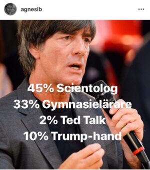 Filip Hammar Instagram - Hon är fan genial, min fina tjej. Vem - förutom hon hon - hade fått för sig att trycka upp en limited edition-bok med Jogi Löw-humör-bilder? Gå in på @agneslb instastory och klicka på ”höjdpunkter”, så får du njuta av de bästa ögonblicken från denna vackra och oväntade följetong om en av världens mest plågade människor. DM:a Agnes och beställ ditt eget exemplar! En tysk coffe table-version kommer även att släppas före jul.