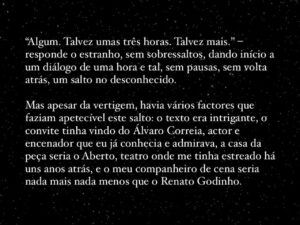 Filipe Vargas Instagram - Faz hoje exatamente uma semana que levámos “Um Homem Inofensivo” pela última vez a cena. Nesse dia, depois da matiné, rumámos para minha casa, onde celebrámos o fim deste projecto que nos preencheu durante tantos meses. E hoje aqui ficam as minhas palavras de agradecimento à equipa, ao teatro e à vida.
PS: no último slide está a bonita pilha de livros que trouxe desta peça e que adicionarei à minha biblioteca. A saber:
“Tudo do Amor” de Bell Hooks (oferta do Renato)
“Um Homem Inofensivo” de Luís António Coelho (o texto da nossa peça, vencedora do Grande Prémio de Teatro Português SPA / Teatro Aberto 2022)
“A doença da morte / escrever” de Marguerite Duras (oferecido pelo Álvaro no dia da estreia, a 15 de Setembro)
“What’s in a name” de Ana Luísa Amaral (que eu já tinha, mas agora tenho este, com uma linda dedicatória da Constança)
“Amo-te mais do que te posso dizer” de A. M. McAndrew (do nosso Pedro aka Febra).
NOTA: last but not least, obrigado e parabéns ao Eduardo Breda, pelo óptimo vídeo de promoção versão thriller @eduardobreda

#chezlevargas