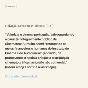 Filipe Vargas Instagram - Como cidadão e actor preocupo-me com o futuro da Cultura, e como tal iria viajar pelos programas dos principais partidos, na esperança de encontrar políticas culturais minimamente delineadas. Ainda bem que o fiz, porque se dependesse dos debates não ficaria com nenhuma ideia sobre os planos dos candidatos para um sector tão vital como é a Cultura. 

Crónica de Filipe Vargas.
➡️ Lê tudo em setentaequatro.pt