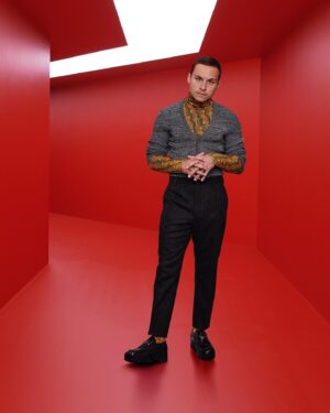 Finn Cole Instagram - Thank you @prada for letting me try on the #PradaSS22 menswear collection. #prada 
@jamie_grooming 
@leighkeily 📷
@vitotrottahair