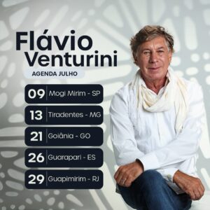 Flávio Venturini Instagram - Informações dos shows:

📍09/07 Mogi Mirim - SP
Flávio Venturini & Orquestra Sinfônica Lyra.
Local: PÇA. Jornalista Valter Abrucez
Horário: 18:00
Entrada Franca. 

📍13/07 Tiradentes - MG
Flávio / Lo Borges / Beto Guedes
Local: Santiasimo Resort 
Horário 16:00
Ingresso: ticket360.com.br

📍21/07 Goiânia - GO
Local: Shopping Flamboyant 
Horário: 19:30
Entrada franca.

📍26/07 Guarapari - ES 
Centro de Guarapari
Entrada Franca.
Mais informações em breve.

📍29/07 Guapimirim - RJ
VI Festival de inverno de Guapimirim
Entrada franca.
Mais informações em breve.