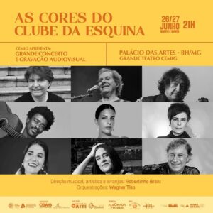Flávio Venturini Instagram - 🎟️ Ingressos à venda pelo Eventim! Link na bio.

Um show histórico inesquecível te espera no Grande Teatro do Palácio das Artes nos dias 26 e 27 de junho.

As Cores do Clube da Esquina reúne um time de ídolos fundadores do movimento e nomes de destaque do cenário nacional.

As 22 músicas icônicas serão levadas ao palco com orquestração inédita de @oficialwagnertiso, projeções de led e banda com renomados instrumentistas.

A direção musical, artística e arranjos é assinada por @robertinhobrant

Siga e acompanhe as novidades!