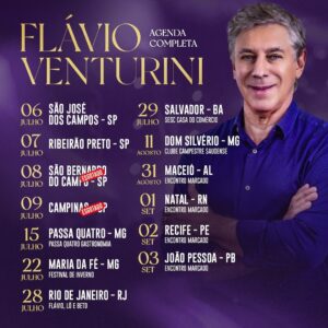 Flávio Venturini Instagram - Agenda atualizada!
Marque aquele amigo (a) especial que você levará em meu show. 
Mais informações no link da Bio.