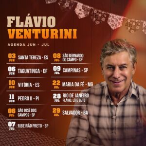 Flávio Venturini Instagram - Agenda atualizada!
03/06 Santa Tereza - ES - Festival de Jazz, ingressos no link da bio.
06/05 Taguatinga - DF - entrada franca, retirada de ingressos no link da bio.
10/06 Vitória - ES - SESC Vitória, ingressos no link da bio. 
11/06 Pedro II - Piauí, Festival de inverno.
06/07 São José dos Campos, ingressos no link da bio.
07/07 Ribeirão Preto, ingressos no link da bio.
08/07 São Bernardo do Campo, ingressos no link da bio.
09/07 Campinas, ingressos no link da bio.
22/07 Maria da Fé - MG, festival de inverno. 
28/07 Rio de Janeiro, ingressos no link da bio.
29/07 Salvador, mais informações em breve.