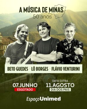 Flávio Venturini Instagram - Obrigado, São Paulo! Nosso show do dia 07 de junho no Espaço Unimed está ESGOTADO! Gostaríamos de agradecer a todos e informar que abrimos nova data, dia 11 de agosto, dia dos pais, no mesmo local. Venha comemorar este dia especial com Beto Guedes, Flávio Venturini e Lô Borges nos 50 anos da Música de Minas. O link para compra de ingressos está na Bio. Nos encontramos lá!

#betoguedes70 #loborges #flavioventurini #amusicademinas50anos #espacounimed #unmusic #saopaulo