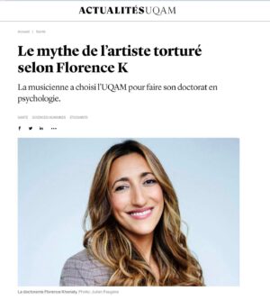 Florence K Instagram - On parle de mon projet de thèse dans le bulletin d’actualités de l’@UQAM | Université du Québec à Montréal! : « La souffrance est-elle essentielle à la création? C’est la question de recherche à l’origine de la thèse de Florence K, l’artiste bien connue du public qui est aussi, depuis l’an dernier, étudiante au doctorat à l’UQAM. Pour mieux comprendre les liens complexes entre variations de l’humeur et créativité chez ses pairs musiciennes et musiciens professionnels, elle a décidé d’en faire le sujet de sa thèse de doctorat.
Selon la chercheuse, qui en est encore au début de son parcours, un paradoxe se dégage de la revue de la littérature scientifique. «D’un côté, on note une prévalence plus élevée des symptômes associés aux troubles de l’humeur chez les musiciens professionnels, constate-t-elle. Mais, d’un autre côté, le mythe de l’artiste torturé est démenti par le fait que, cognitivement parlant, ce sont les humeurs dites positives qui favorisent la pensée divergente, un des noyaux de la créativité.»Si les facteurs de risque associés aux troubles de santé mentale sont nombreux chez les artistes, il faut, selon la chercheuse, éviter de faire une adéquation entre souffrance et créativité. «Ce n’est pas dans les phases dépressives que les personnes bipolaires vont créer, mentionne-t-elle. Quand on est en dépression, on a du mal à se brosser les dents! Alors qu’on fait souvent le lien entre troubles de l’humeur et créativité, on relève plus rarement que ce n’est pas dans les phases dépressives que les artistes sont créatifs, souligne Florence K. Pour elle, cela renforce l’idée que ce sont, en fait, les humeurs positives qui stimulent la créativité.

Un musicien peut se nourrir de sa souffrance pour créer, reconnaît la chercheuse. «Parmi les mécanismes de défense psychologique, à côté de défenses plus primitives comme le déni ou la régression, la sublimation par l’art fait partie, avec l’humour, des mécanismes les plus matures et les plus sains», mentionne-t-elle.
