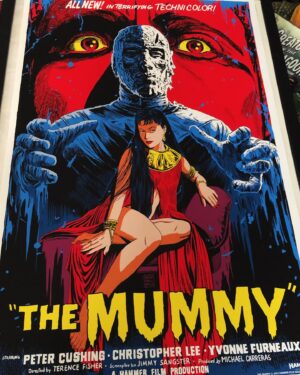 Francesco Francavilla Instagram - THE MUMMY IS HERE!!!
Got my APs of my 3rd @hammer_films and 1st with @madebymutant officially licensed poster fir Hammer’s THE MUMMY, directed by Terence Fisher and starring Peter Cushing, Christopher Lee, and Yvonne Furneaux with my hand drawn title and credits and everything, as always. These were printed by the excellent @dl_screenprinting and as always they did a tremendous job! 
This regular edition is available now at https://www.madebymutant.com/merch/458527-francesco-francavilla-the-mummy-poster