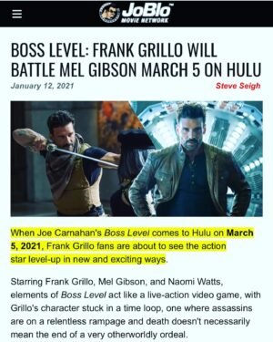 Frank Grillo Instagram - Thanks @joblomovienetwork for spreading the word. We originally had 41 days to make the film. It was shrunk to 27. @carnojoe and I pivoted and got it done. Movie making on a good day is pushing a rock up a mountain. This film was having mountains of rocks fall on us everyday but we never said die. Ever. @warparty_films #bosslevel @hulu. I’m gonna shamelessly promote this film as i believe it’s our best. @naomiwatts #melgibson. #MARCH5